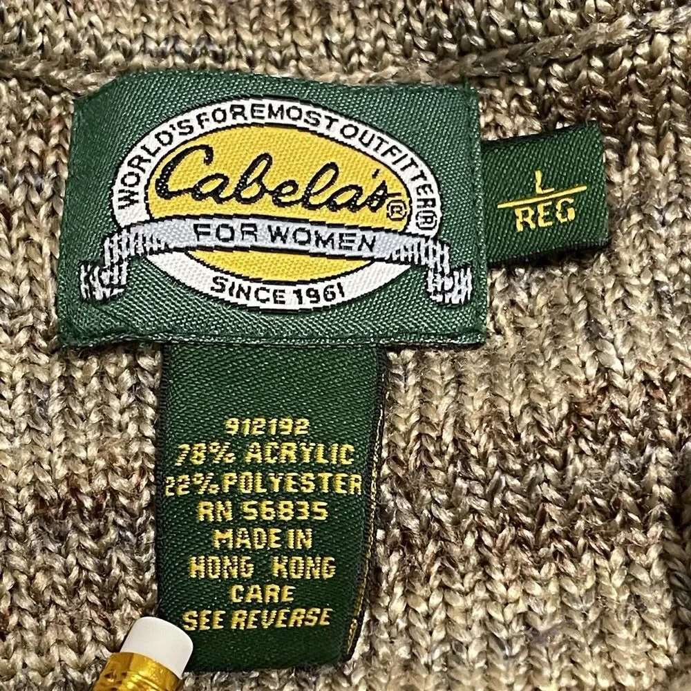 VTG Cabelas Sweater Womens Large Brown Sand Cardigan Tiger Stripe Wooden Buttons